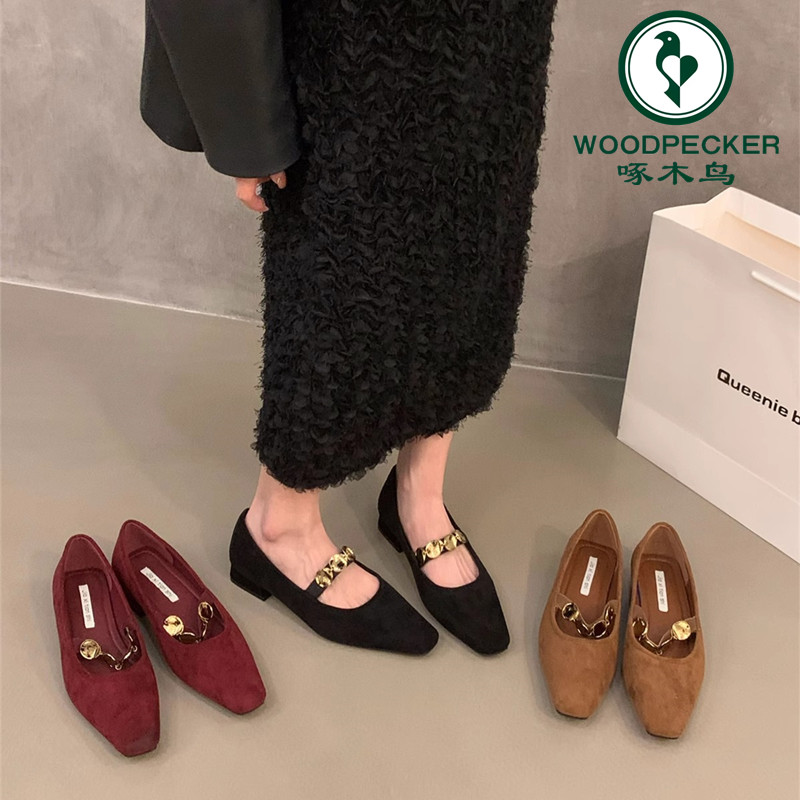 啄木鸟粗跟复古绒面单鞋女2024新款秋季法式红色方头玛丽珍晚晚鞋