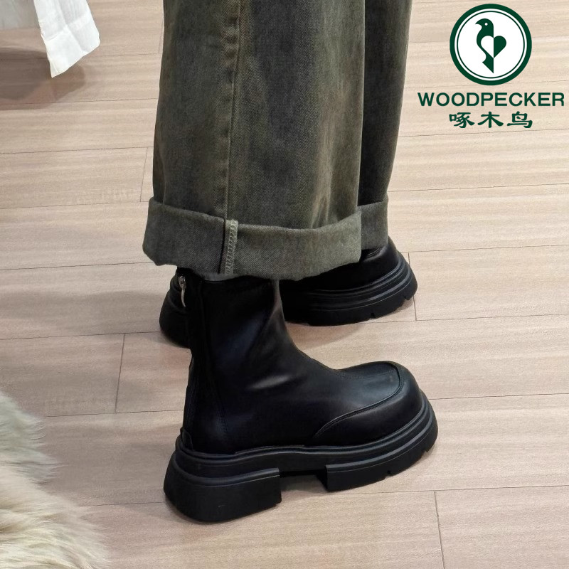 啄木鸟厚底马丁靴女2025秋冬英伦风切尔西瘦瘦靴小个子黑色小短靴