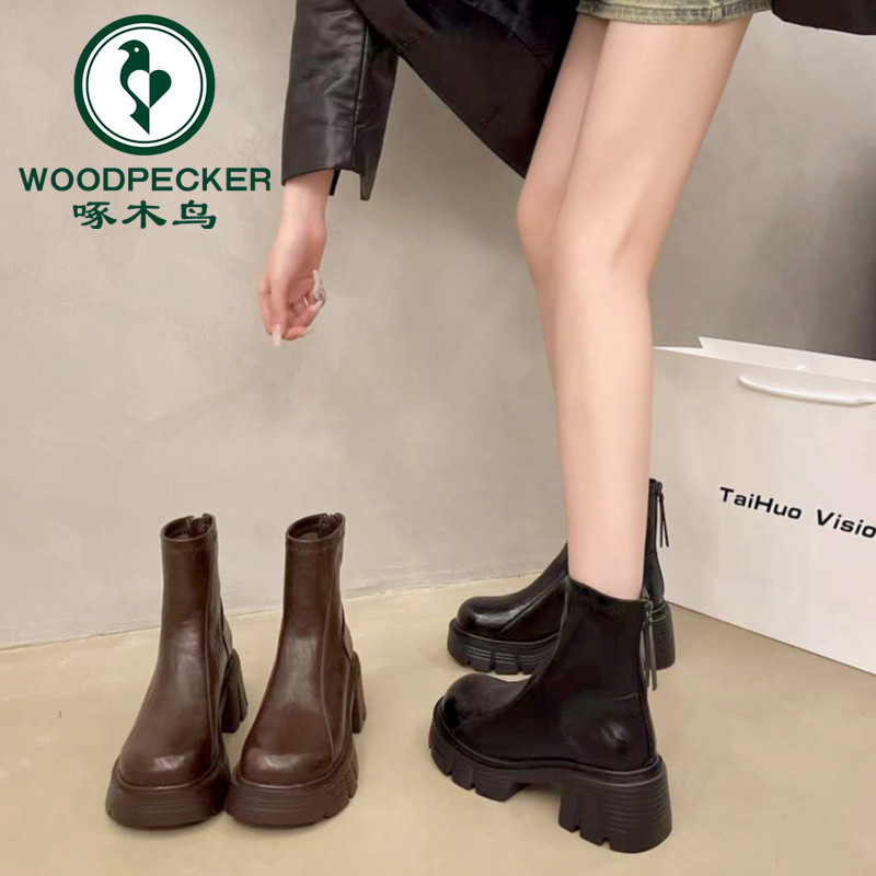 啄木鸟显瘦弹力靴瘦瘦靴厚底2025秋冬新款马丁靴粗跟女靴百搭短靴