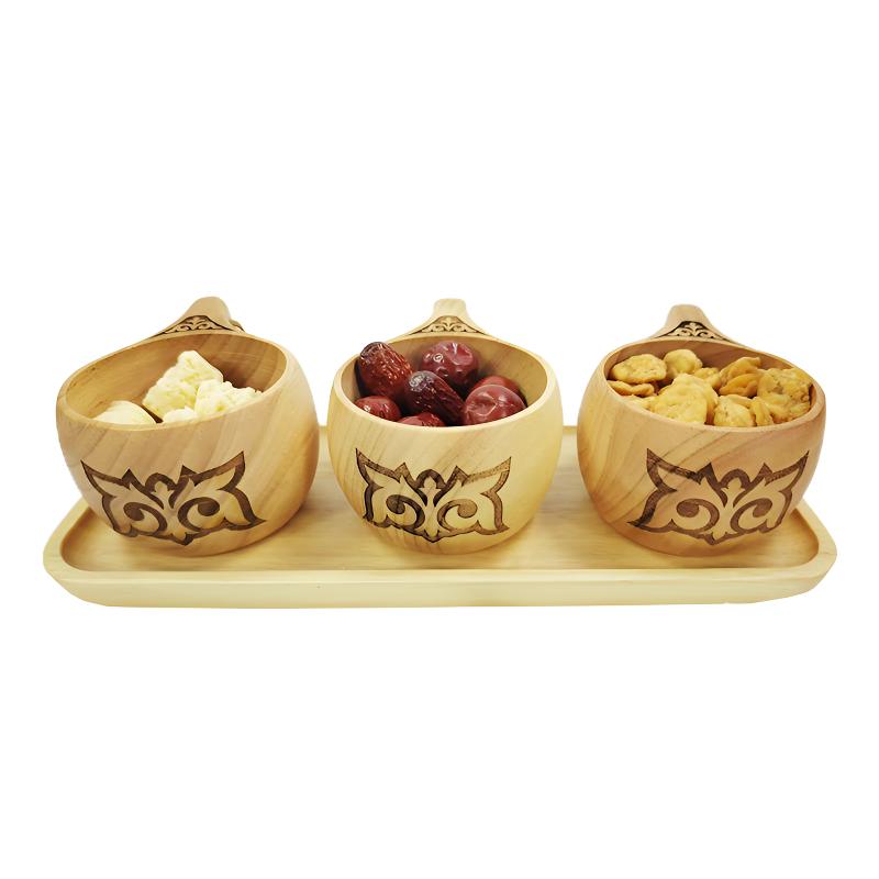 拉吾拉新款手工刻花木碗盘套装复古网红餐具家用可爱水果碗干果碗