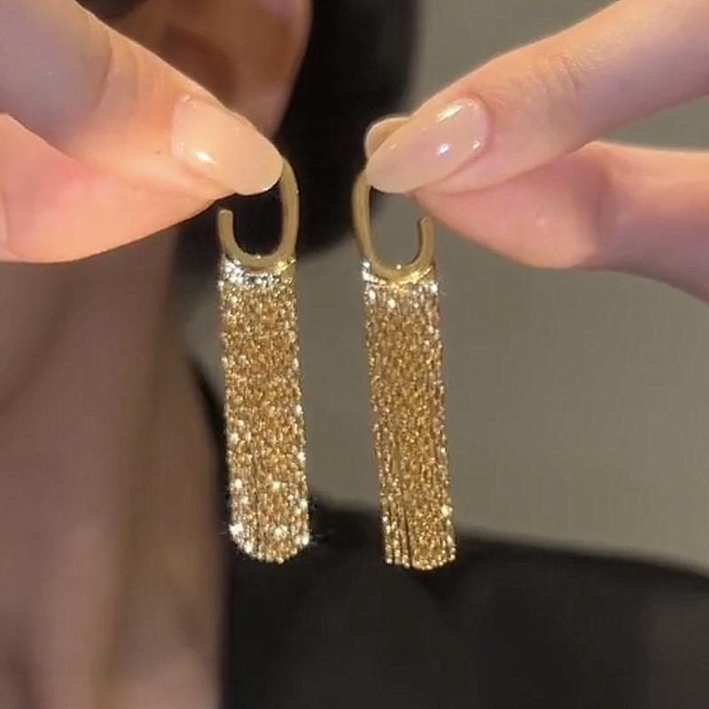 925银耳饰 高级感金色流苏耳钉耳环时尚百搭轻奢网红气质法式耳坠