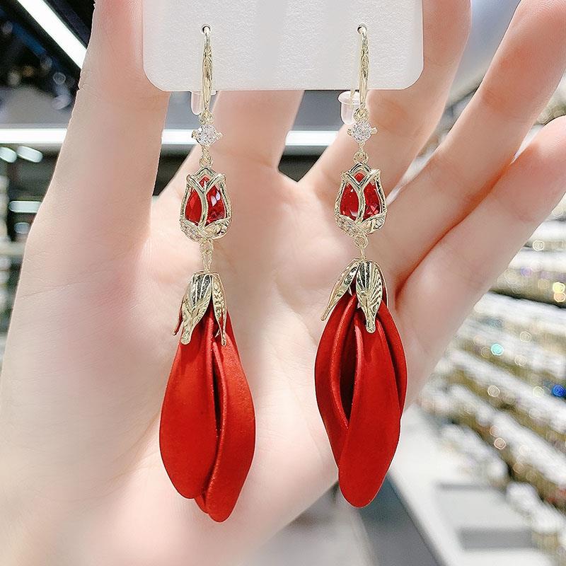 925银耳饰 红色郁金香花瓣耳环2024新款潮气质秋冬流苏耳坠网红设