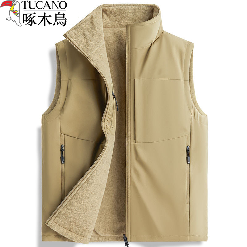啄木鸟双面穿加绒马甲男款秋冬季摇粒绒立领坎肩无袖抓绒背心男