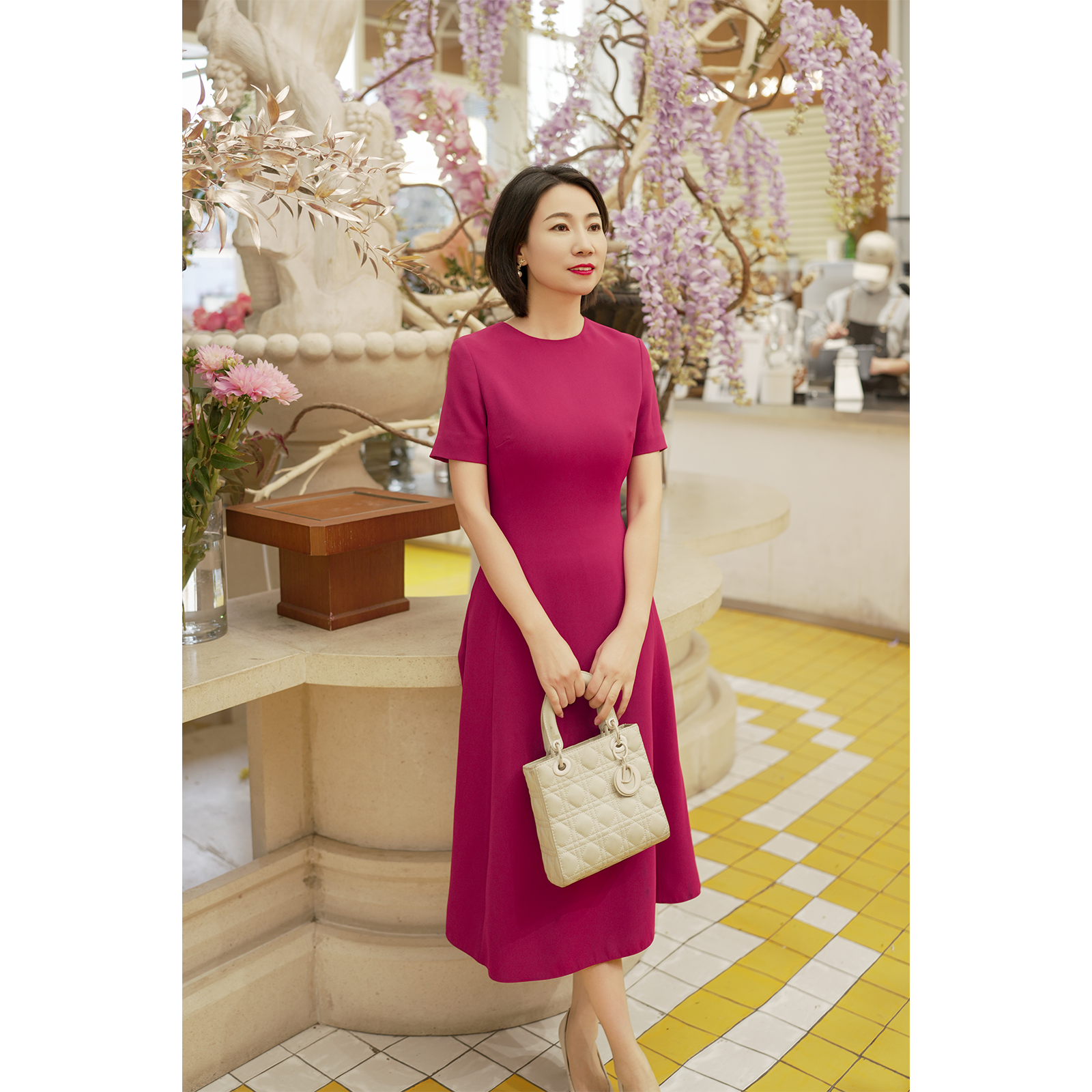 邹茉【优雅化身】赫本风收腰短袖气质优雅三醋酸中长款连衣裙