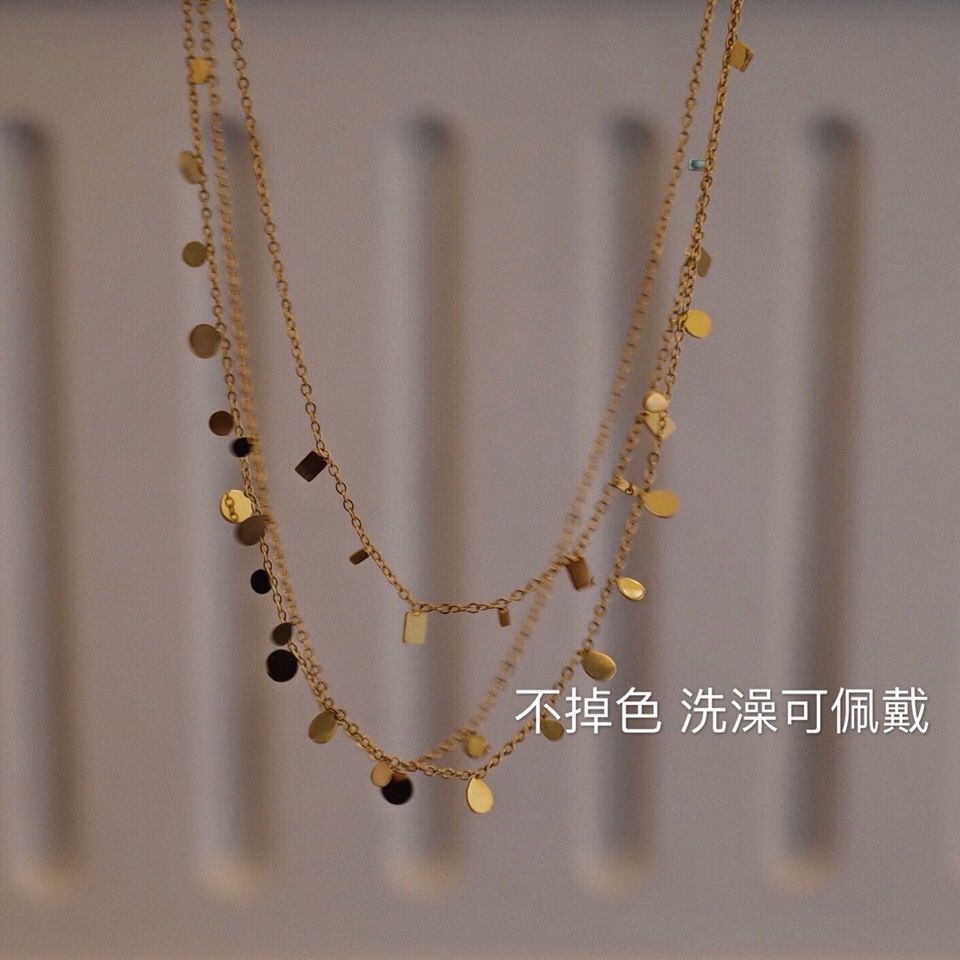 高级感水滴小圆片颈链ins简约钛钢小方片叠戴项链女锁骨链