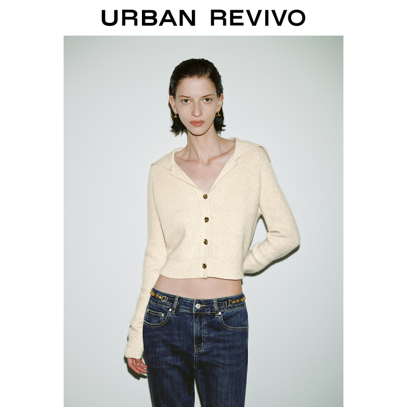 UR女格雷系气质金属扣短款修身针织开衫UWM940034
