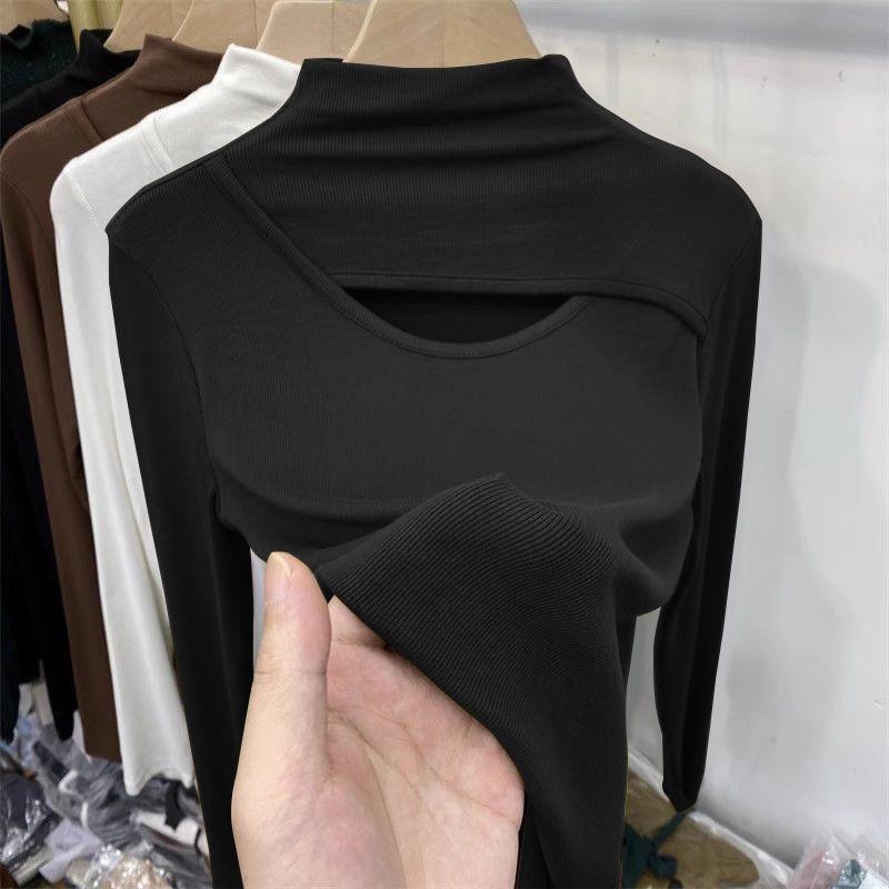 莫代尔棉春秋半高领打底衫大码修身内搭T恤镂空双十一长袖打底