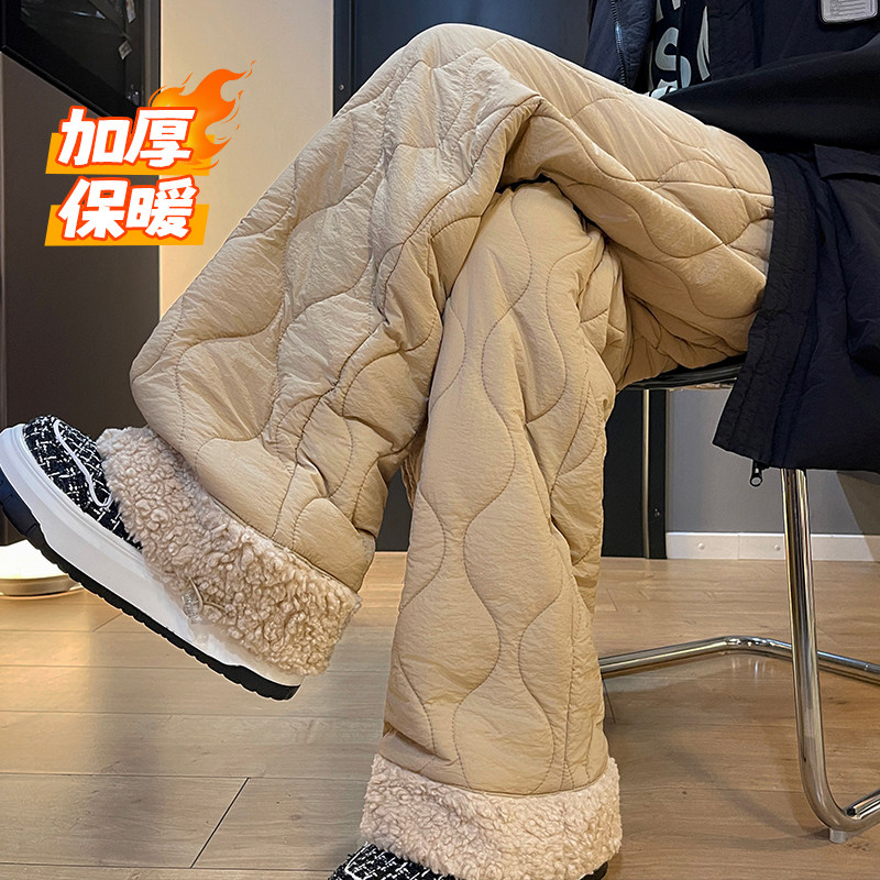 卡其色爆款阔腿棉裤男冬季新款加绒加厚宽松直筒休闲百搭保暖裤子