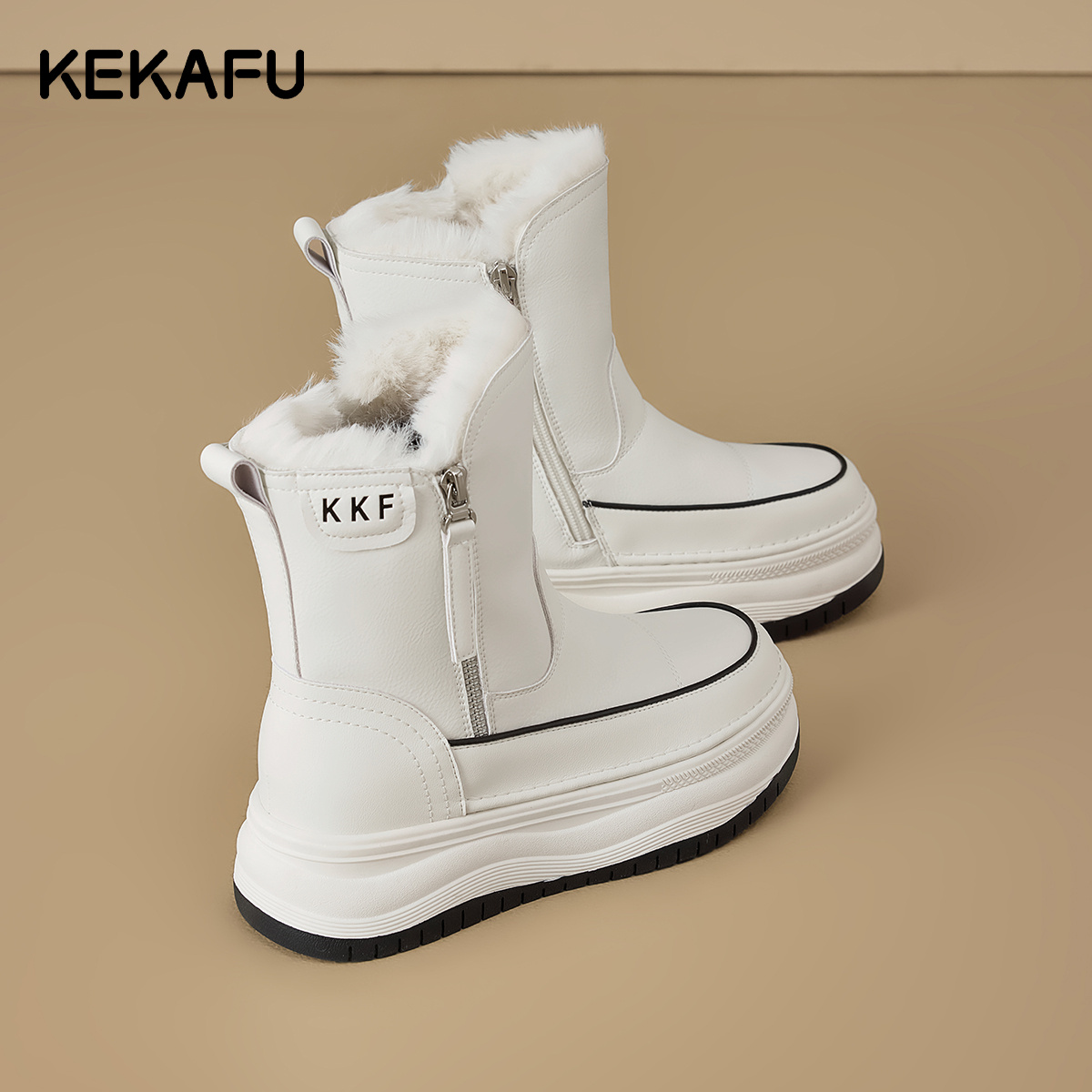珂卡芙户外防水防滑白色雪地靴25年冬季新款加绒加厚保暖棉鞋女靴