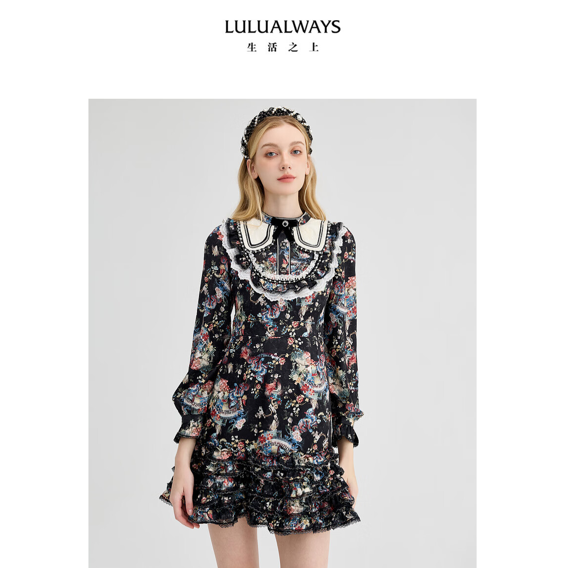 【商场同款】24冬季新款复古宫廷风洋气花边印花蛋糕裙