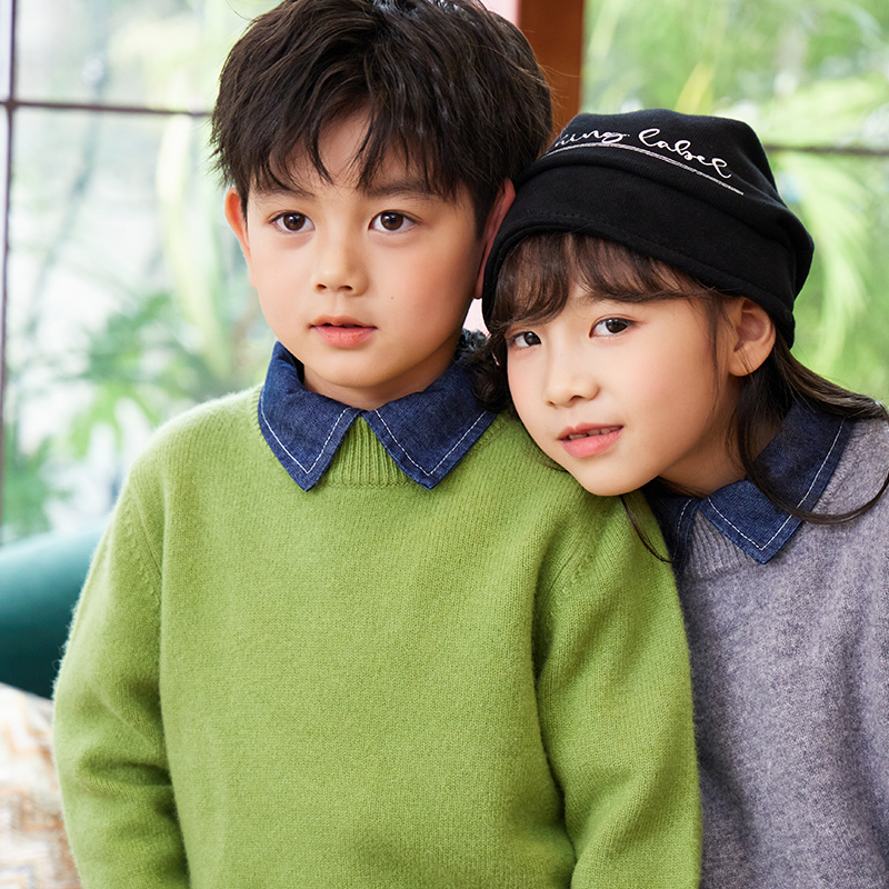 【假一赔十】100%儿童羊毛衫套头半高圆领羊毛衫男女童中大童羊毛衫