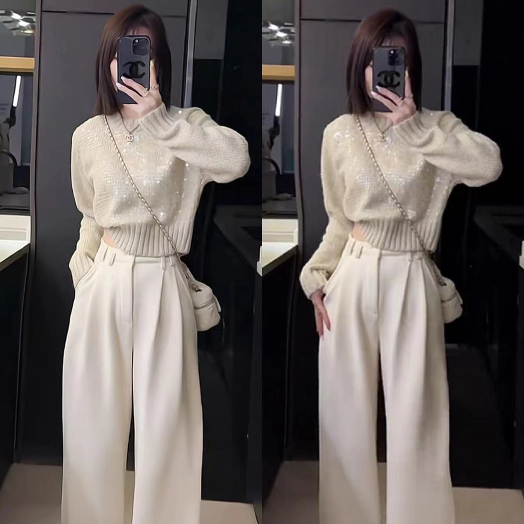 法式时尚气质百搭设计感亮片针织圆领毛衣+高腰显瘦灯芯绒直筒裤