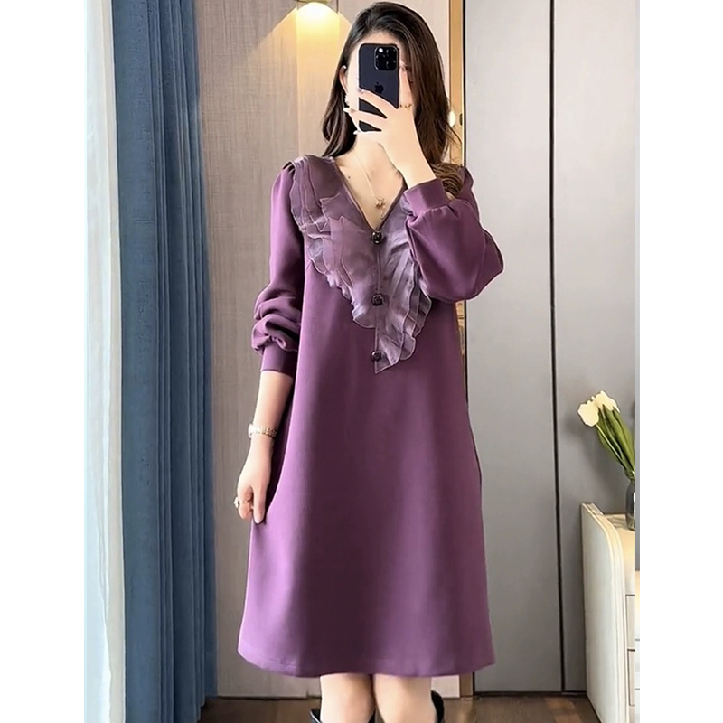 春秋新款时尚气质高级感荷叶边中长款连衣裙洋气收腰大码开春洋气