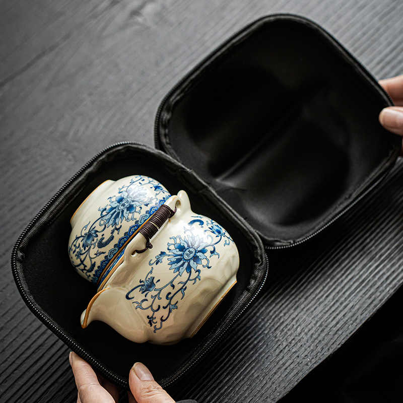 汝窑青花手工旅行茶具一壶三杯户外露营车载快客便携旅行茶具
