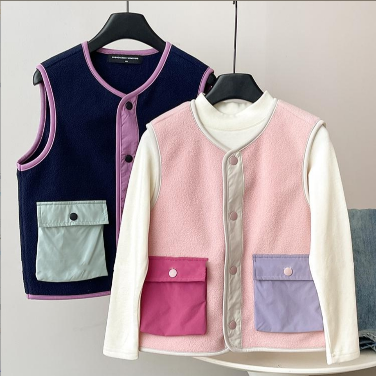 （现货48）高端韩国儿童马甲春秋2025洋气男女童拼接撞色背心羊羔绒