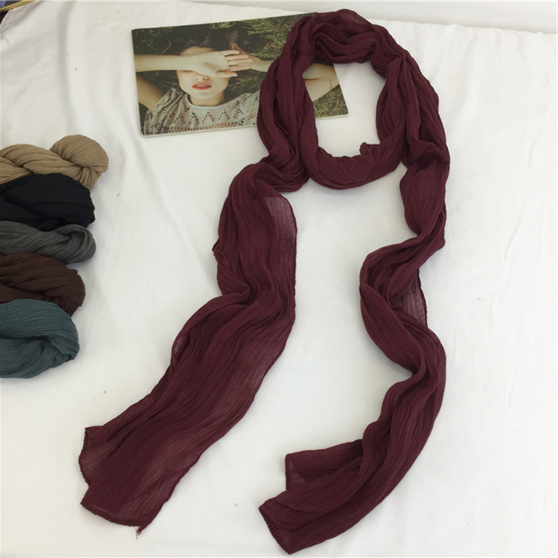 褶皱棉麻围巾女秋冬细窄长条复古装饰加长款文艺纯色肌理褶皱丝巾