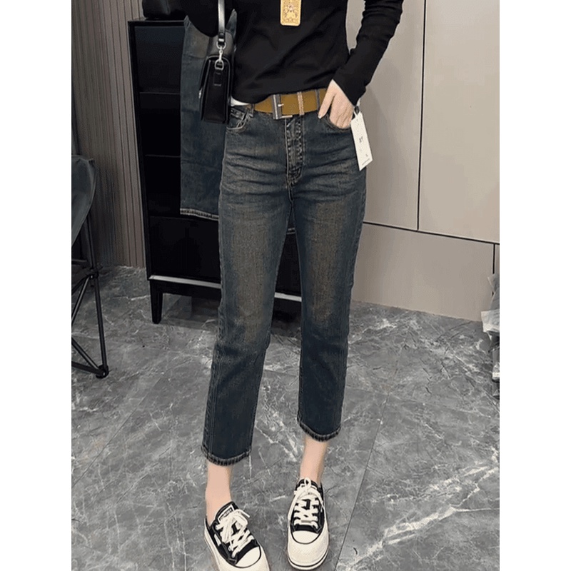 高腰梨形身材大码九分直筒牛仔裤女春季外穿小个子弹力显瘦烟管裤