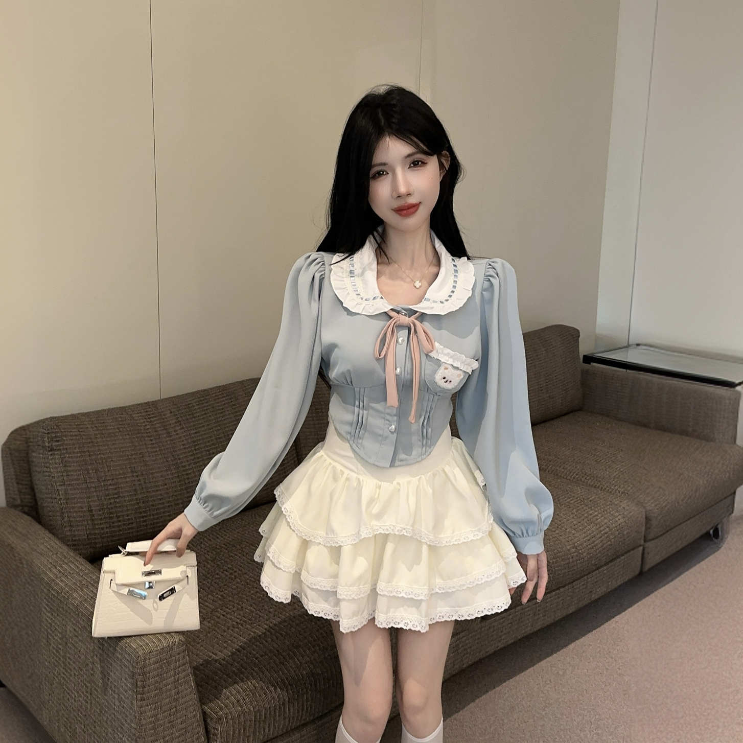 甜美学院风高腰蛋糕裙两件套秋季气质显瘦短款衬衫辣妹jk制服套装