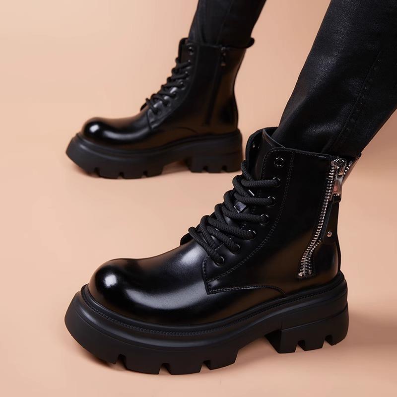 马丁靴男款高帮冬季2025新款增高软皮短靴英伦风中帮男士工装靴子