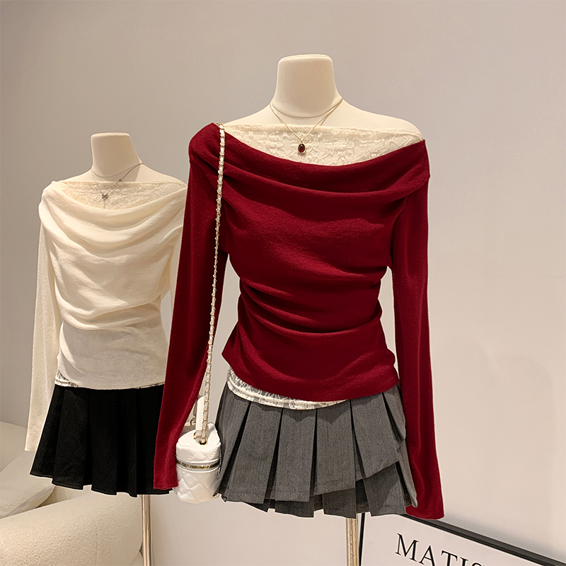 新年红荡领一字肩蕾丝拼接修身长袖女冬季毛针织衫打底衫内搭上衣