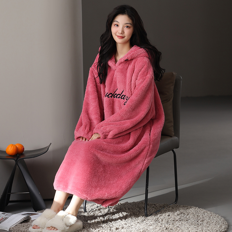 冬季睡衣女大码连体睡袍加厚珊瑚绒保暖超长大睡裙盖毯式连帽睡袍