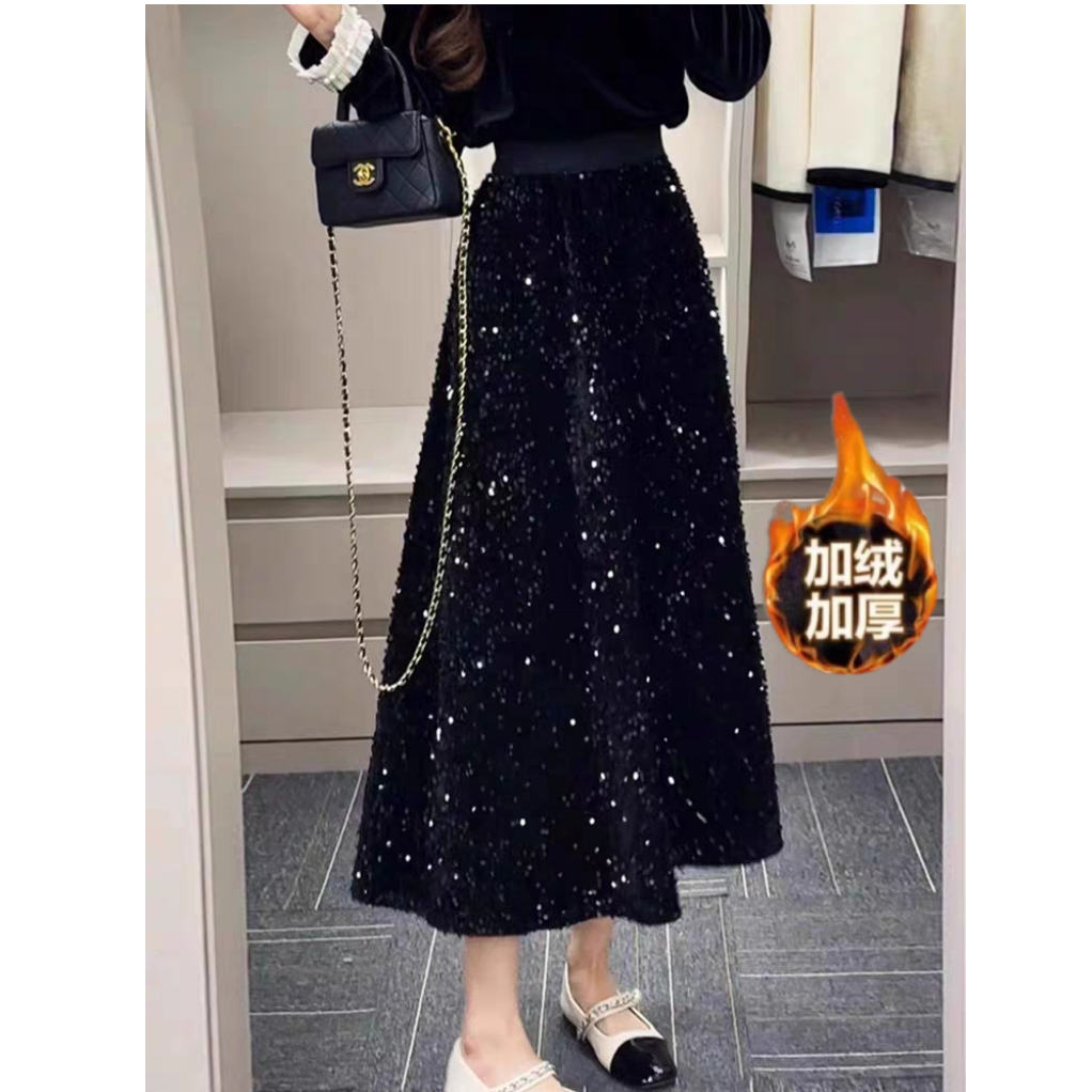 【红人上新】小香风亮片a字丝绒大摆裙早春2025新款气质减龄半身裙