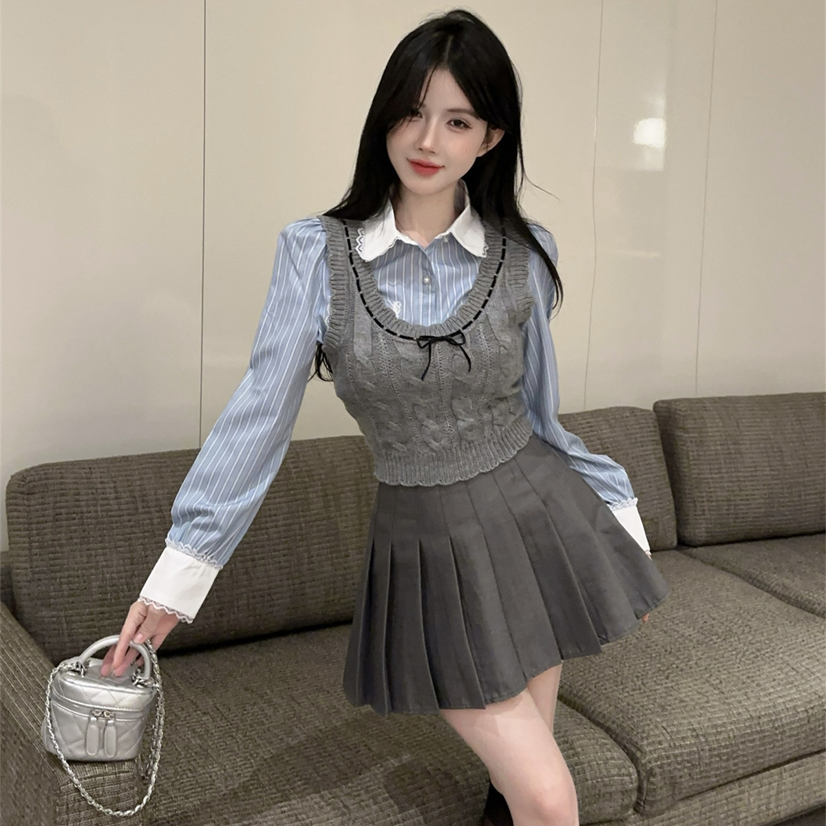 校刊封面女主jk制服套装灰色针织马甲背心叠穿条纹衬衫高腰百褶裙