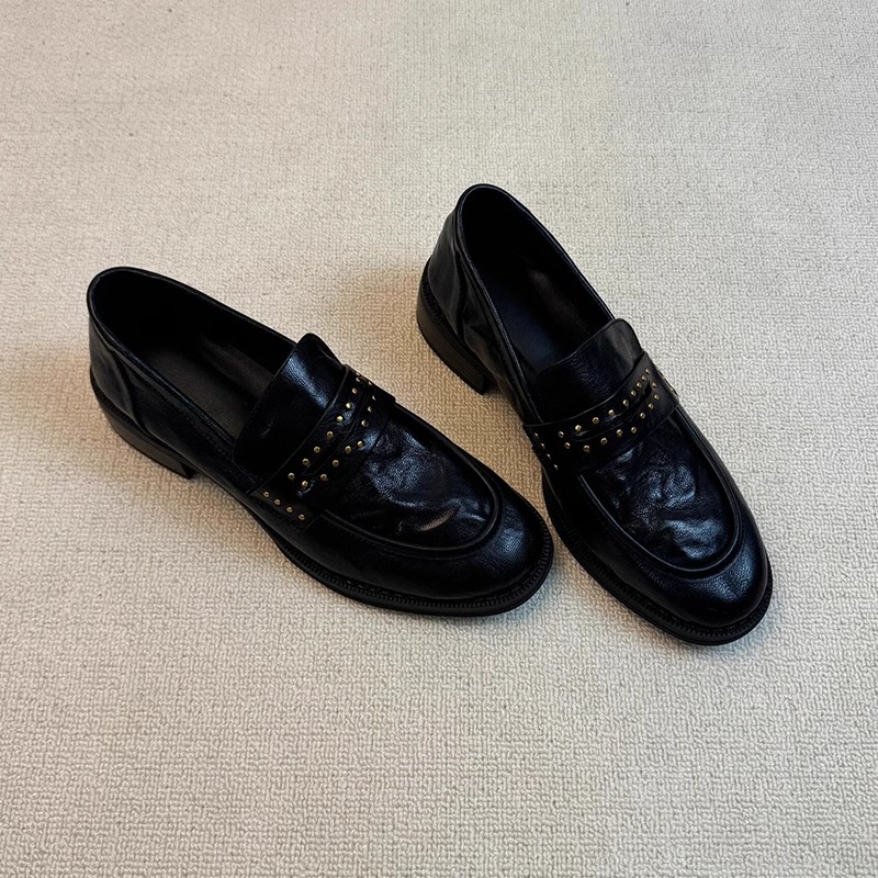 牛皮版！乐福鞋女士复古英伦风圆头铆钉褶皱一脚蹬粗跟黑色小皮鞋
