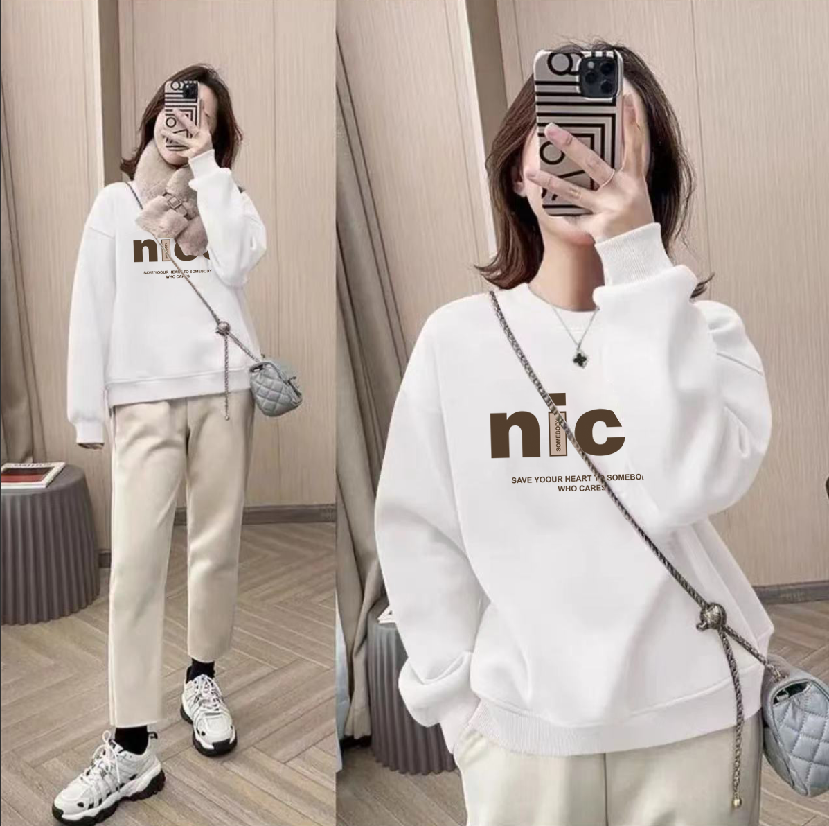 时尚百搭男女情侣款青春设计感情侣INS圆领卫衣-NICE字母