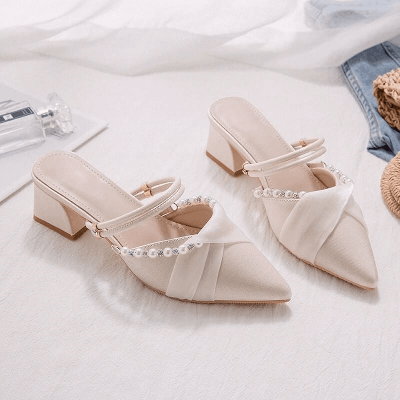 2025春夏新款中高跟鞋女法式半拖鞋仙女风两穿包头尖头凉拖女鞋