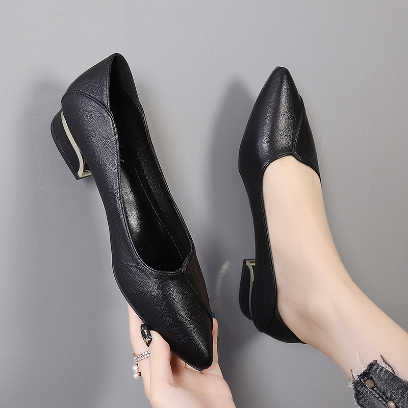 正品真软皮黑色女粗跟2025年春秋季新款舒适工作鞋职业平底女鞋子