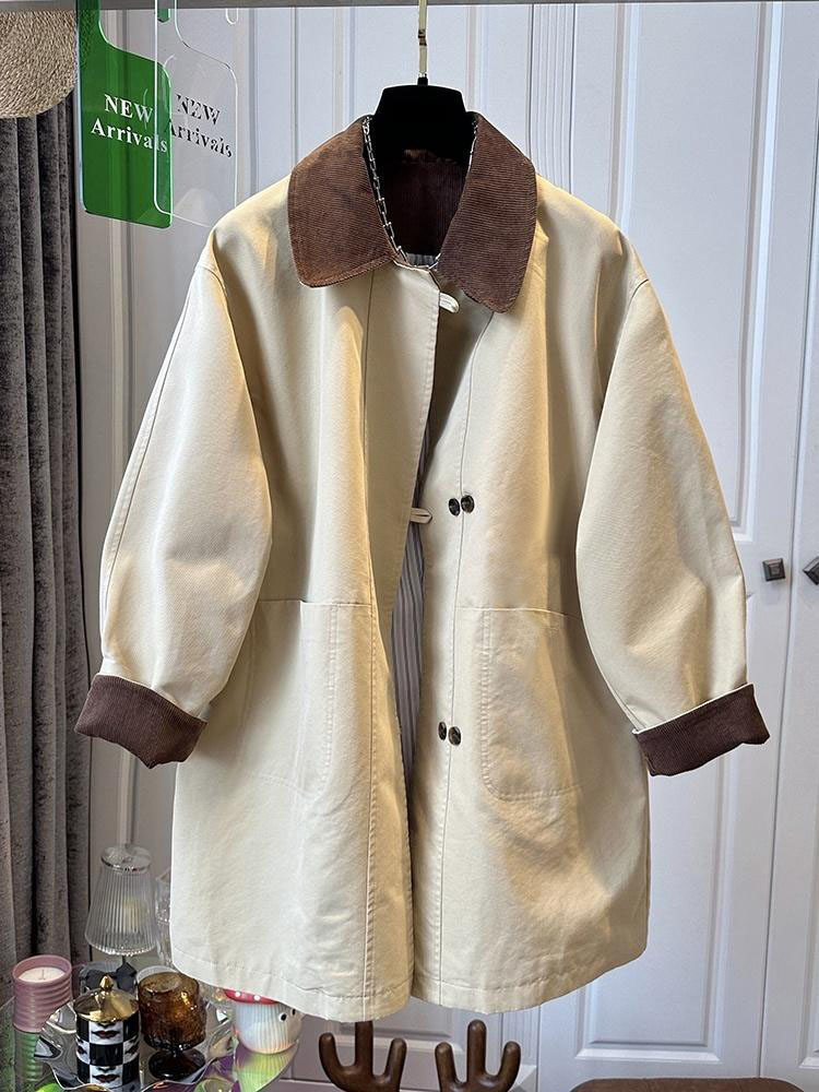 英伦风撞色翻领中长款风衣女外套宽松休闲气质超好看2025洋气上衣