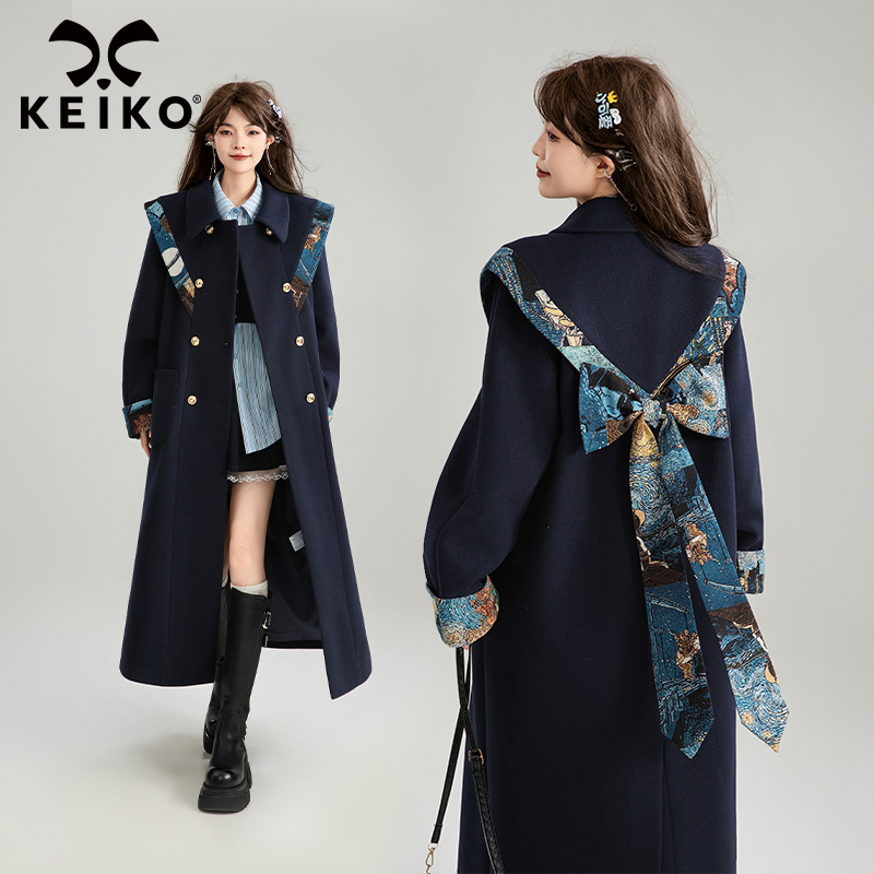 新中式提花云肩毛呢大衣24秋冬复古长款过膝呢子蝴蝶结girl 外套