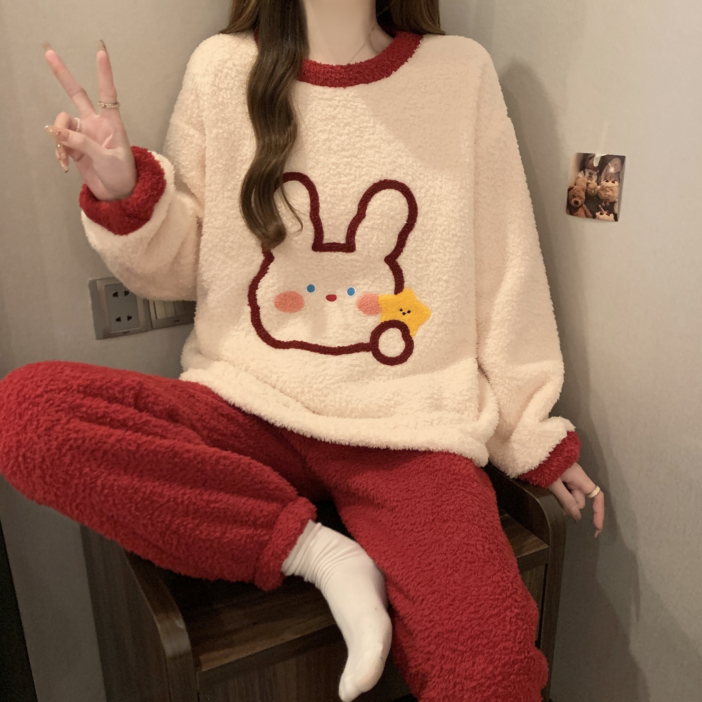 睡衣女软绵绵半边绒冬季加厚加绒保暖套装新款卡通宿舍学生家居服