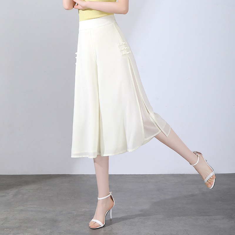 百搭裤子开叉七分阔腿裤女中国风高腰宽松显瘦裙裤垂感雪纺九分裤