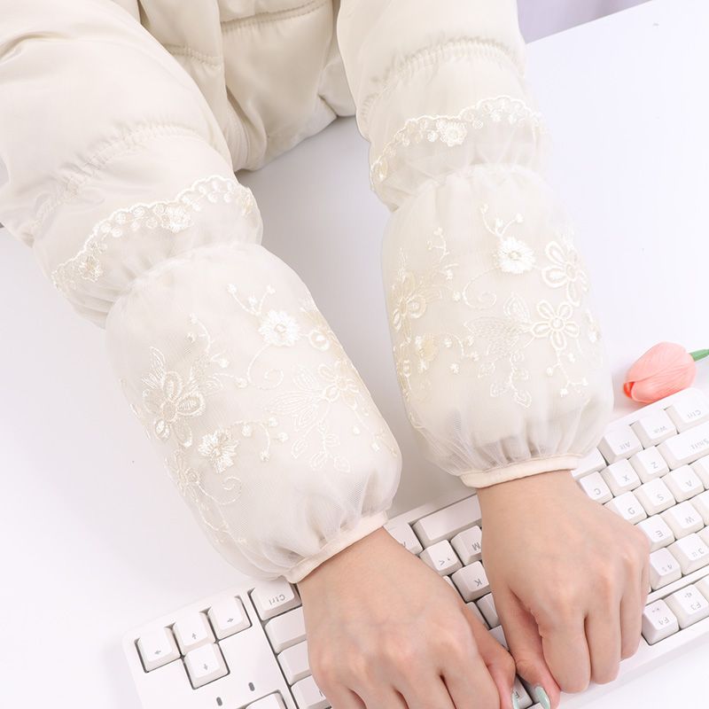 短款蕾丝羽绒服专用袖套女秋冬防污双层韩版绣花防脏时尚女士米色