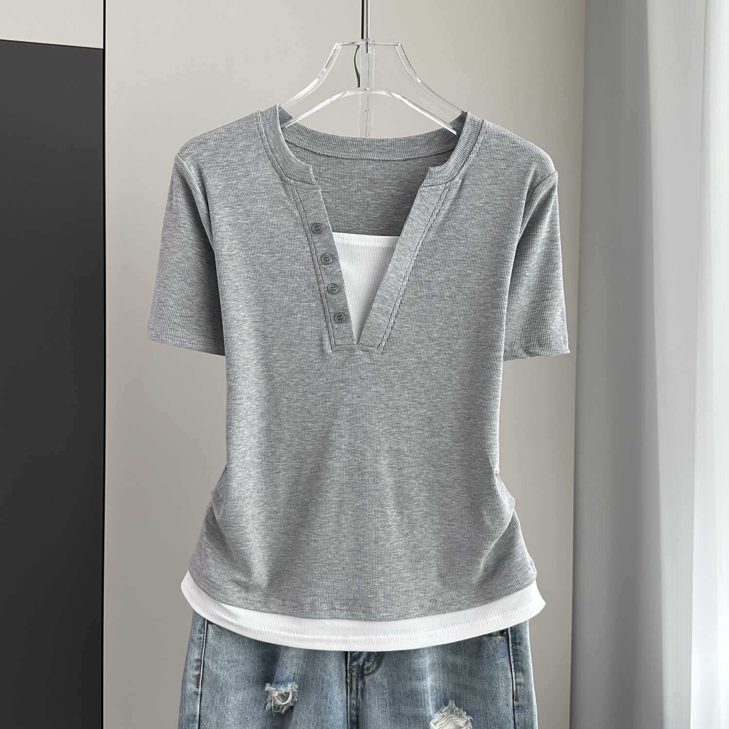 拼接撞色短袖T恤女2024夏季新款假两件褶皱收腰内搭宽松遮肉上衣