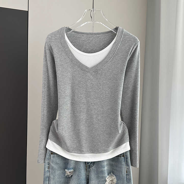 撞色假两件长袖t恤女秋季2025新款宽松遮肉显瘦上衣打底衫