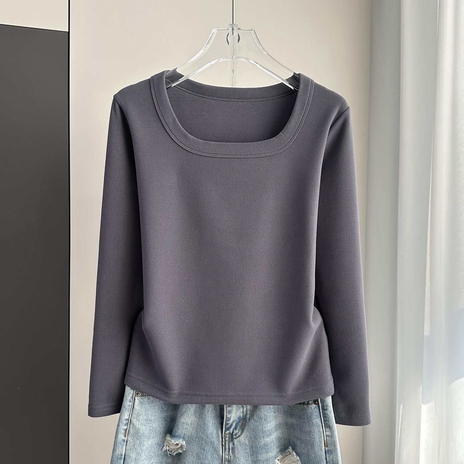 正肩深灰长袖t恤女秋冬季德绒加厚内搭方领U领打底衫修身保暖上衣