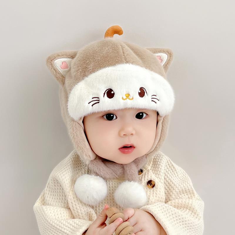 婴儿帽子秋冬季宝宝男女毛绒帽婴幼儿可爱毛线帽冬款加厚保暖男宝