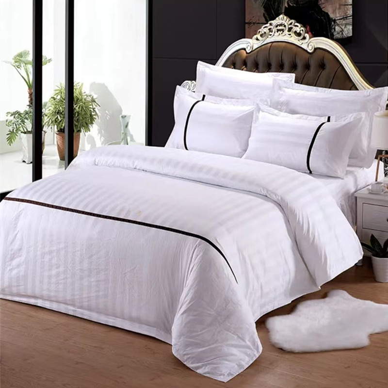 酒店民宿全棉白色三公分锻条四件套三件套纯棉床上用品家用款式