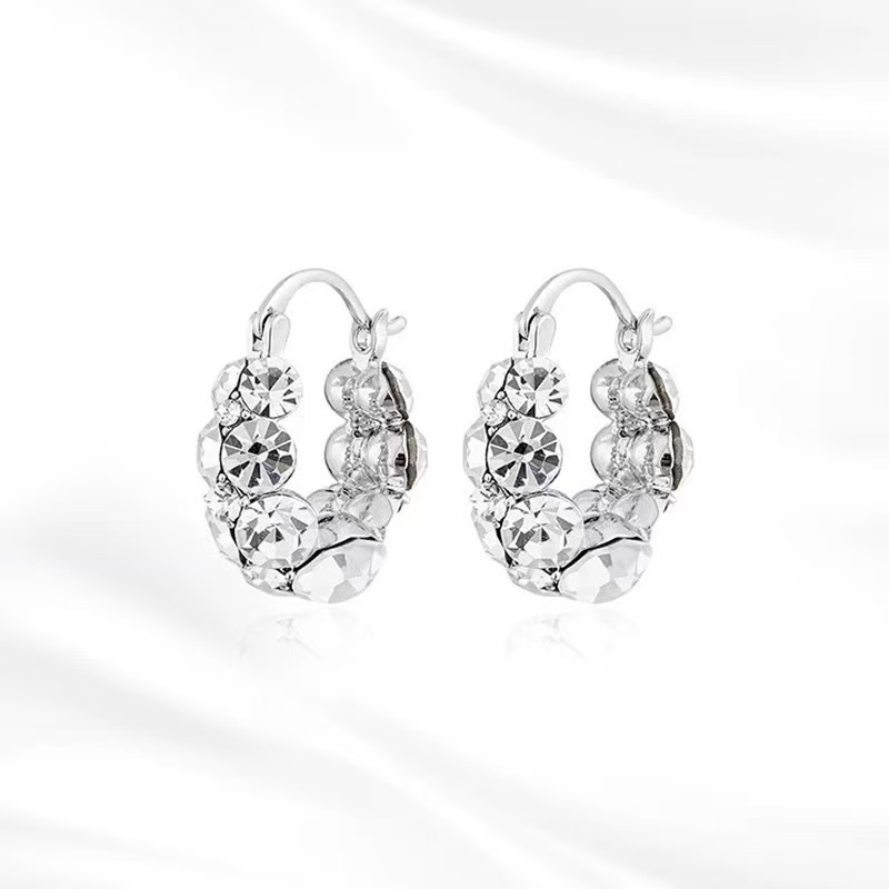 铜合金锆石耳饰 铜合金镀银耳饰法式圆圈耳环百搭精致满钻超闪