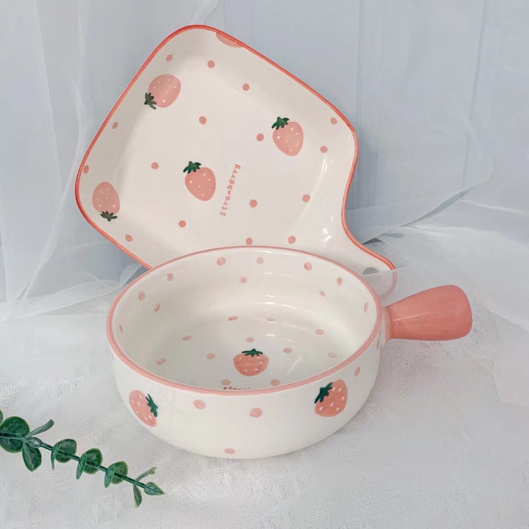 烤盘北欧风少女心餐具陶瓷盘网红手绘草莓手柄碗手柄盘家用烤碗