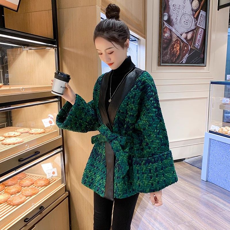 粗花呢外套2025年新款时尚秋冬季V领斗篷式宽松系带小个子大衣女