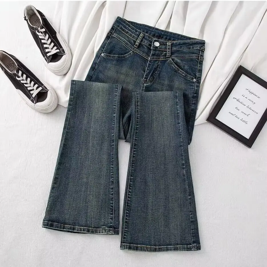 美式复古时尚高腰微喇裤女2025新款小个子修身显瘦喇叭马蹄牛仔裤