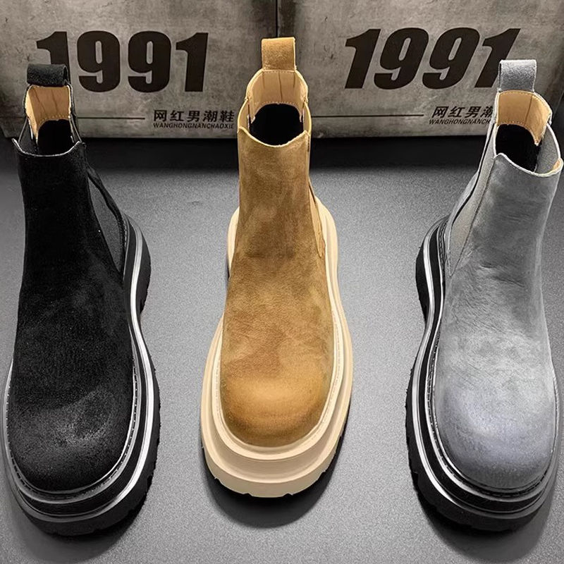 一脚蹬烟筒靴男高帮英伦冬季加绒马丁靴厚底增高中帮情侣休闲男靴