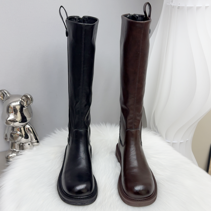 胖妹妹加肥加宽长靴子平底长筒靴女后拉链百搭加绒保暖不过膝女靴