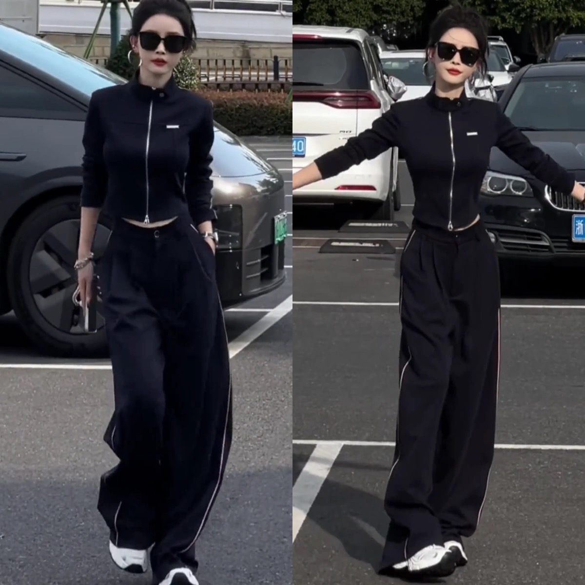 2025春季新款休闲气质时尚显瘦薄款运动套装高级感立领上衣阔腿裤