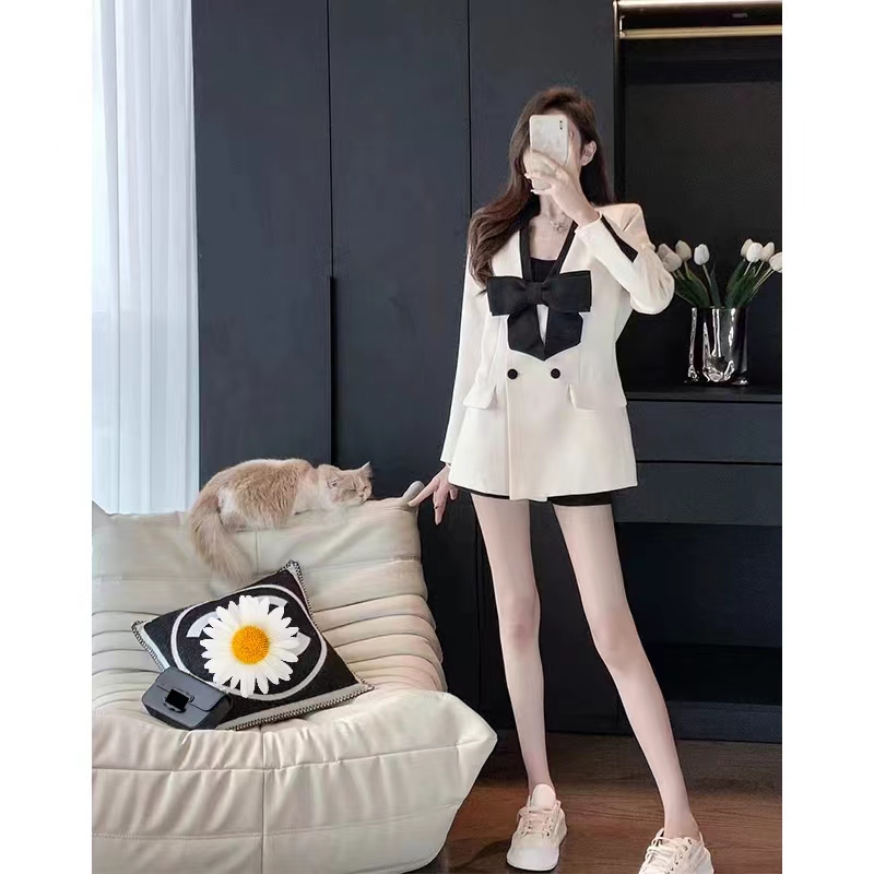 春秋季新款西装外套女时尚韩版高腰显瘦设计感蝴蝶结撞色中长上衣