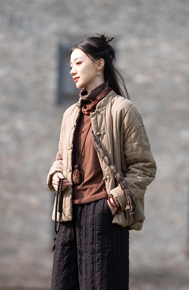 24冬棉麻女装新品中式复古夹棉绗缝短款棉服女式禅意加厚亚麻棉衣